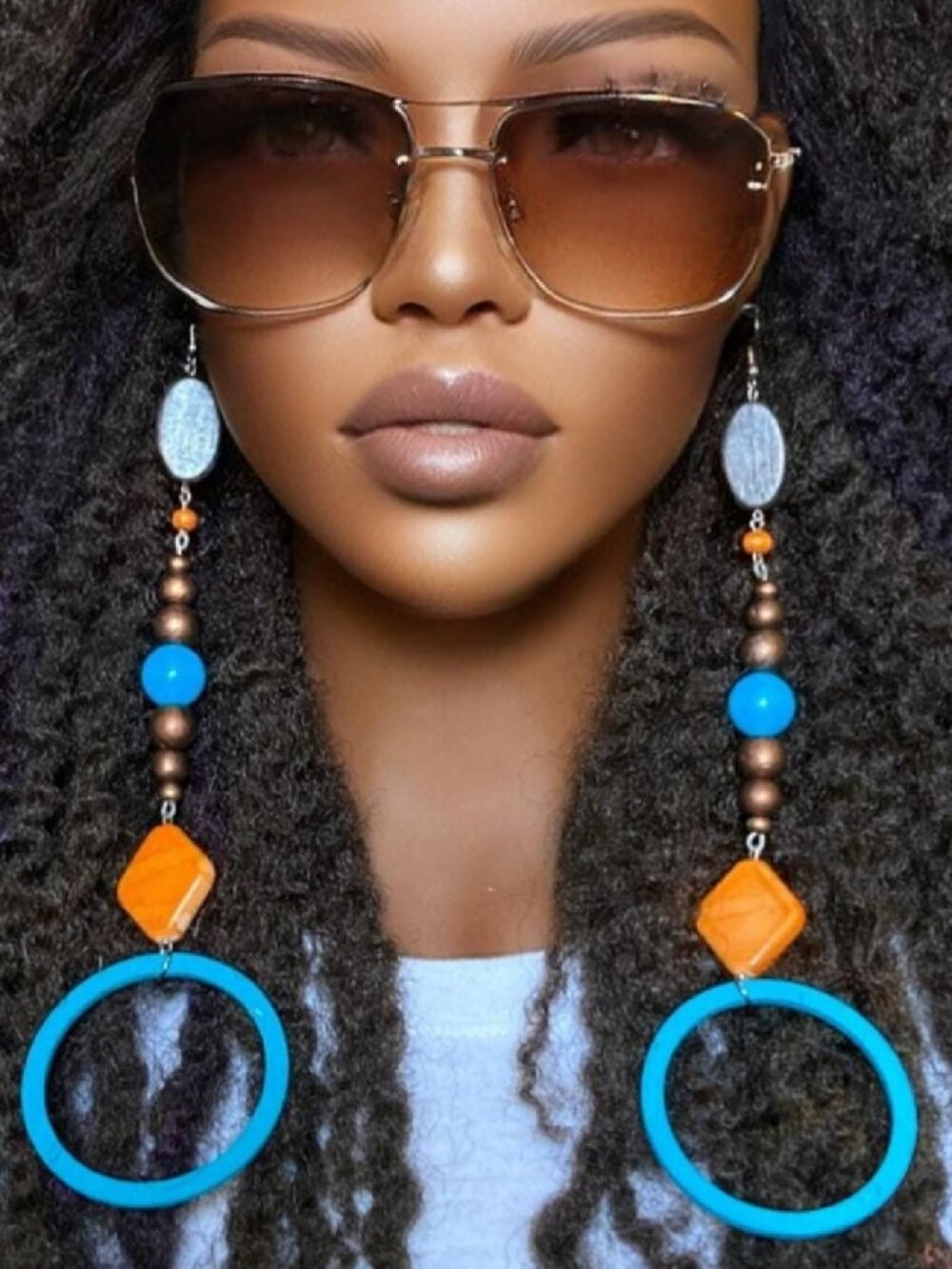 Elongated Dangle Earrings Wooden Hoops Blue Orange Multi by Razonda Lee